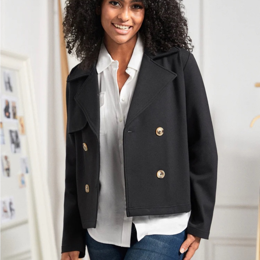 Betabrand Black Cropped Pea Coat with Double-Breasted Design